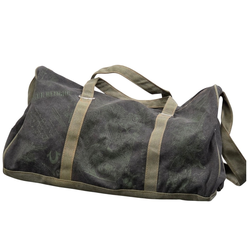 True Religion Duffel Bag Black Green Graphic Print Canvas Travel Bag Streetwear